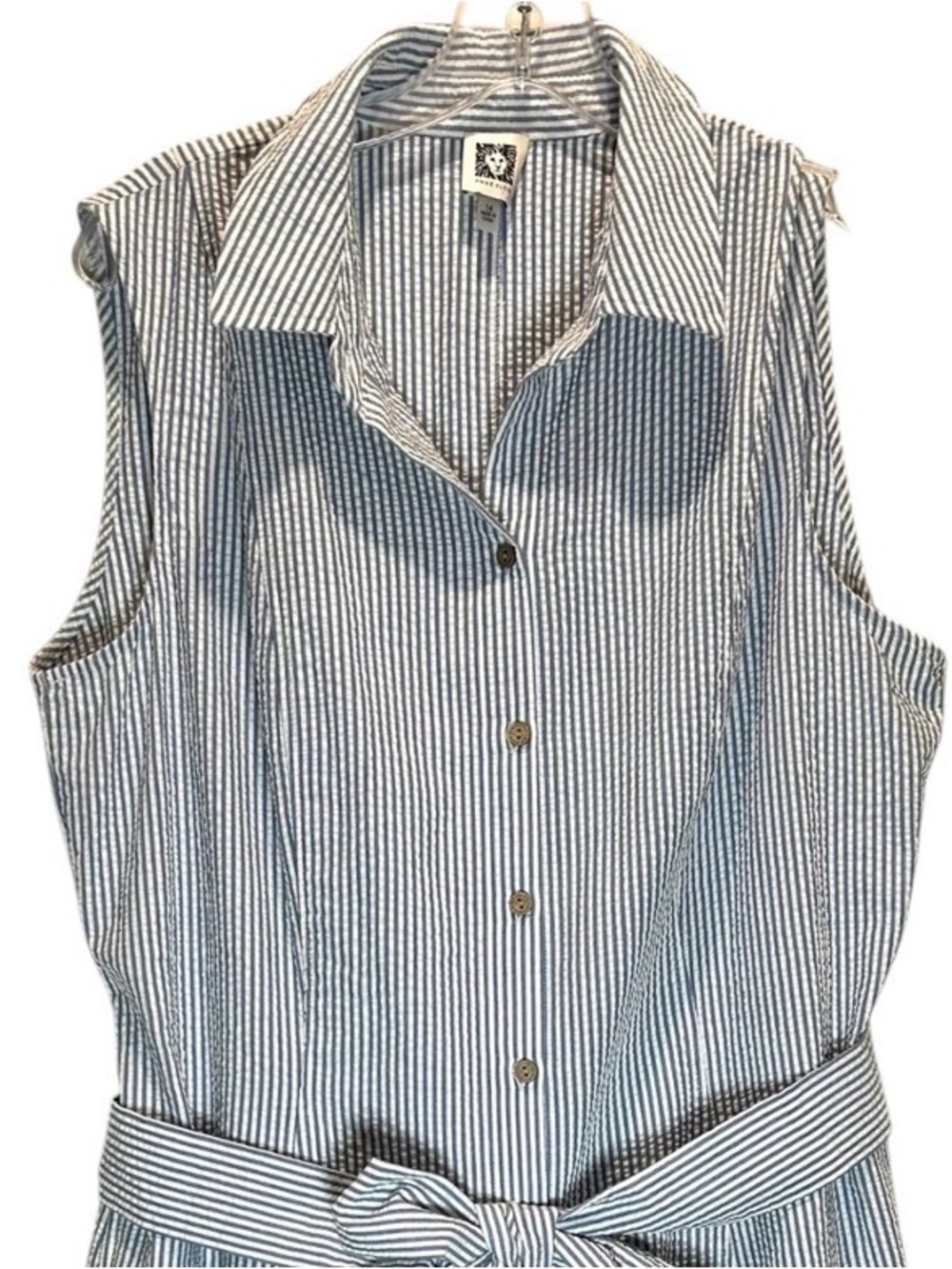 Anne Klein Blue & White Diane Seersucker Sleeveless Midi Shirt Dress - Size 14 - Picture 5 of 10